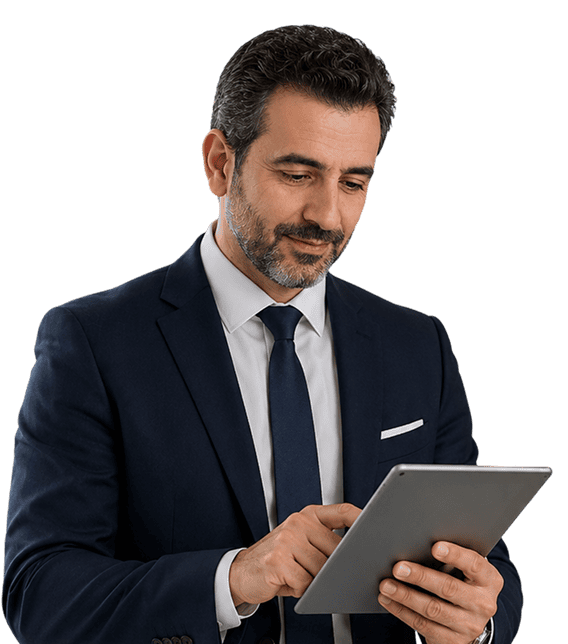 A man in a dark suit and tie, with short dark hair and a beard, is smiling slightly while using a tablet against a plain white background.