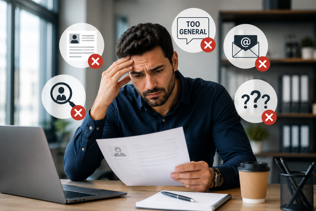 A man at a desk looks stressed while reviewing documents. Icons around him show job application mistakes, such as too general, incorrect email, and question marks, emphasizing confusion or errors in his application process.