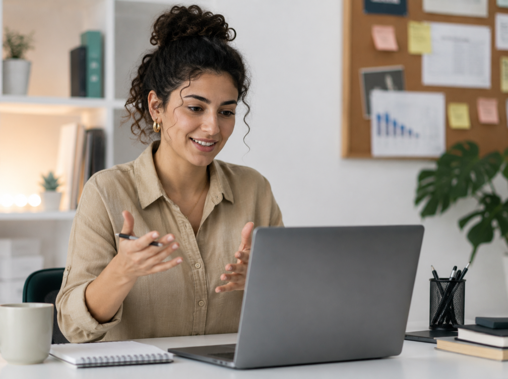 Woman with curly hair wearing a beige shirt sits at a desk with a laptop, notebook, and mug, gesturing as she participates in a video call in a home office setting with shelves and a corkboard in the background.