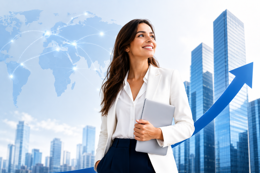 Smiling businesswoman holds a tablet, stands before skyscrapers and a rising blue arrow. A world map with network lines is in the background, symbolizing global business growth and success.