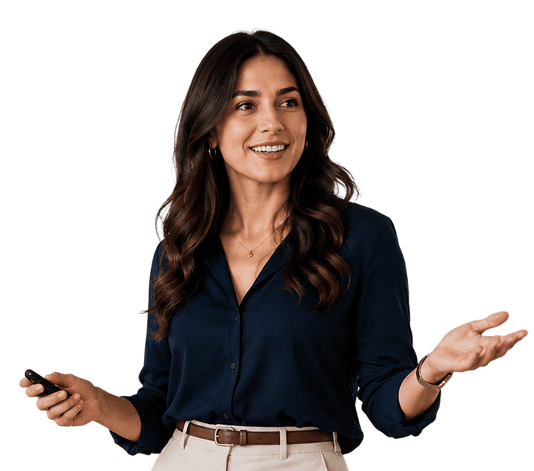 Woman with long dark hair wearing a navy blouse and beige pants, holding a remote in one hand and gesturing with the other, smiling and looking to the side against a plain background.